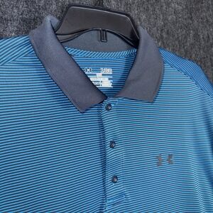 Under Armour HeatGear Men's Polo XL Black Blue Striped Loose Fit Golf Shirt